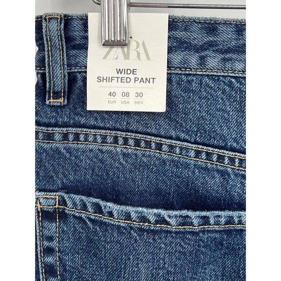 Zara Womens Mid-Rise Full Length Wide Shifted Denim Jeans Size 8 Dark Wash New - Picture 7 of 9